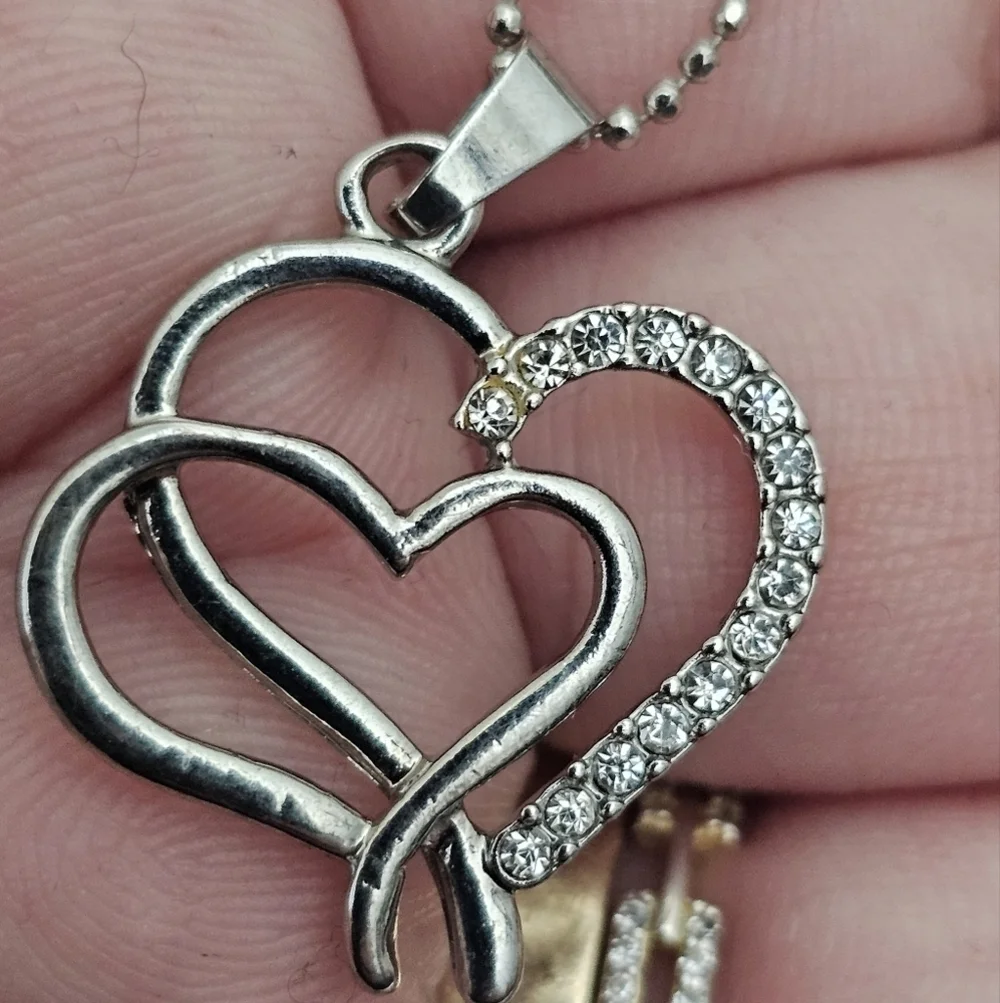 Vintage Silver Double Open Heart CZ Pendant Necklace